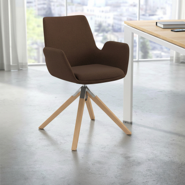 sedia scandinava marrone girevole legno tessuto braccioli imbottiti 2