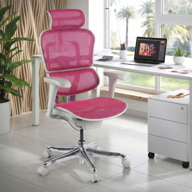 sedia ergonomica bianco rosa struttura bianca rotonda rete transpirante braccioli mobili poggiatesta 2