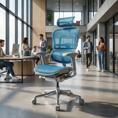 sedia ergonomica bianco blu struttura bianca rotonda rete transpirante braccioli regolabili 5d poggiatesta 2