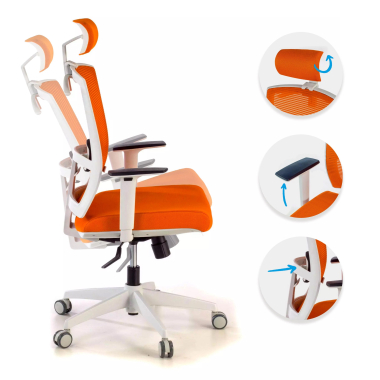 sedia ergonomica bianco arancione struttura bianca poggiatesta rete transpirante braccioli regolabili 1d supporto lombare poggiatesta 3