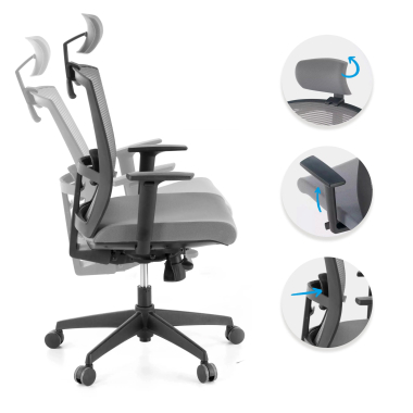 sedia ergonomica grigio struttura nera poggiatesta rete transpirante braccioli regolabili 1d supporto lombare poggiatesta 3