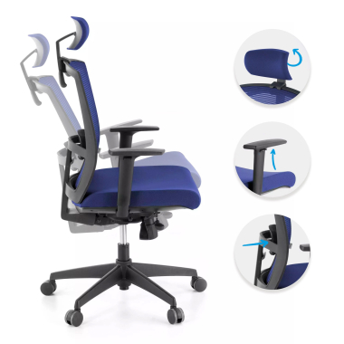 sedia ergonomica blu struttura nera poggiatesta rete transpirante braccioli regolabili 1d supporto lombare poggiatesta 3