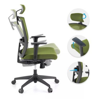 sedia ergonomica verde struttura nera poggiatesta rete transpirante braccioli regolabili 1d supporto lombare poggiatesta 3