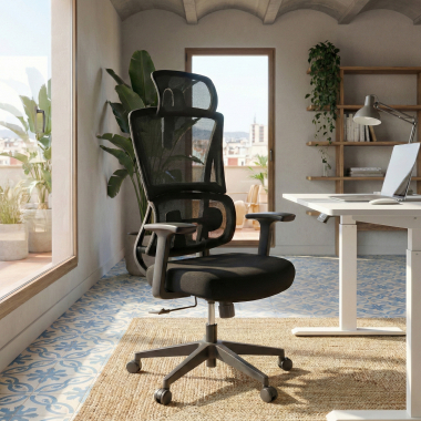 sedia ergonomica nero con poggiatesta tessuto braccioli fissi doppio supporto lombare poggiatesta 2