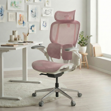 sedia ergonomica bianco rosa erghos one con poggiatesta rete transpirante braccioli regolabili 3d doppio supporto lombare poggiatesta 2