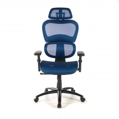 sedia ergonomica blu struttura nera rete transpirante braccioli regolabili 3d doppio supporto lombare poggiatesta 5