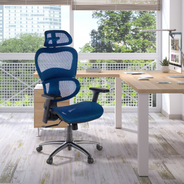 sedia ergonomica blu struttura nera rete transpirante braccioli regolabili 3d doppio supporto lombare poggiatesta 2