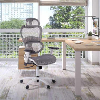 sedia ergonomica bianco grigio struttura bianca rete transpirante braccioli regolabili 3d doppio supporto lombare poggiatesta 2