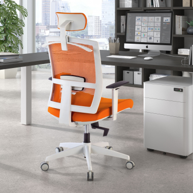 sedia ergonomica bianco arancione struttura bianca poggiatesta rete transpirante braccioli regolabili 1d supporto lombare poggiatesta 2