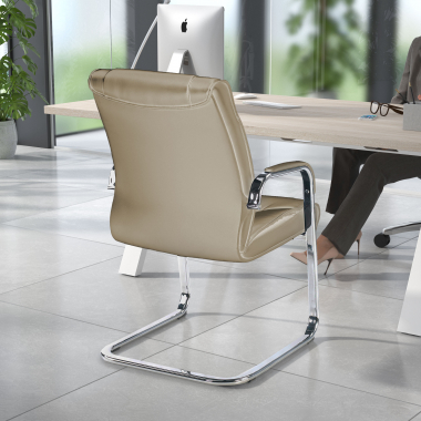 sedia da conferenza beige base a slitta pelle naturale vera pelle braccioli imbottiti 2
