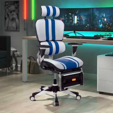 sedia gaming blu ergoplus vera pelle braccioli regolabili 3d supporto lombare poggiapiedi estensibile 2