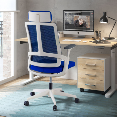 sedia da ufficio economica bianco blu struttura bianca rete transpirante braccioli regolabili 4d supporto lombare poggiatesta 2