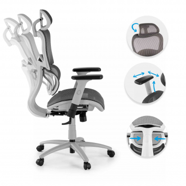 sedia ergonomica bianco grigio struttura bianca rete transpirante braccioli regolabili 3d doppio supporto lombare poggiatesta 3