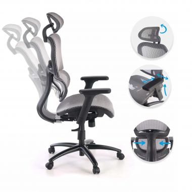 sedia ergonomica grigio struttura nera rete transpirante braccioli regolabili 3d doppio supporto lombare poggiatesta 3