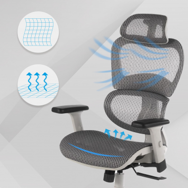 sedia ergonomica bianco grigio struttura bianca rete transpirante braccioli regolabili 3d doppio supporto lombare poggiatesta 4
