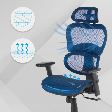 sedia ergonomica blu struttura nera rete transpirante braccioli regolabili 3d doppio supporto lombare poggiatesta 4