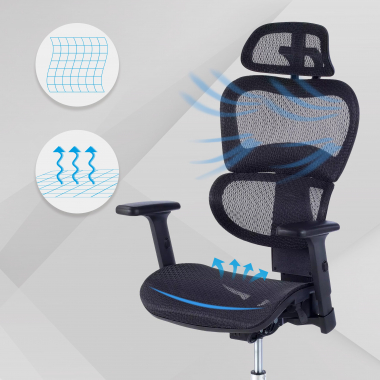 sedia ergonomica nero struttura nera base cromata rete transpirante braccioli regolabili 3d doppio supporto lombare poggiatesta 4