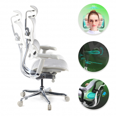sedia ergonomica bianco grigio struttura bianca rotonda rete transpirante braccioli regolabili 5d poggiatesta 3