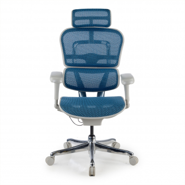 sedia ergonomica bianco blu struttura bianca rotonda rete transpirante braccioli mobili poggiatesta 5