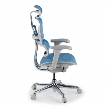sedia ergonomica bianco blu struttura bianca rotonda rete transpirante braccioli mobili poggiatesta 6
