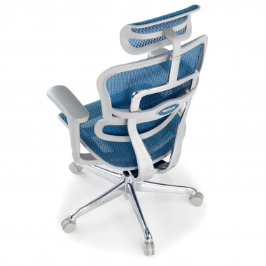 sedia ergonomica bianco blu struttura bianca rotonda rete transpirante braccioli mobili poggiatesta 9