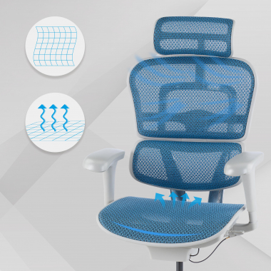 sedia ergonomica bianco blu struttura bianca rotonda rete transpirante braccioli mobili poggiatesta 4