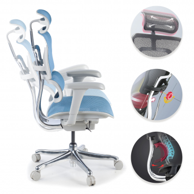 sedia ergonomica bianco blu struttura bianca rotonda rete transpirante braccioli mobili poggiatesta 3