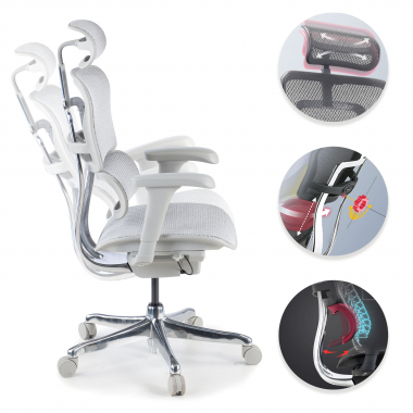 sedia ergonomica bianco grigio struttura bianca rotonda rete transpirante braccioli mobili poggiatesta 3