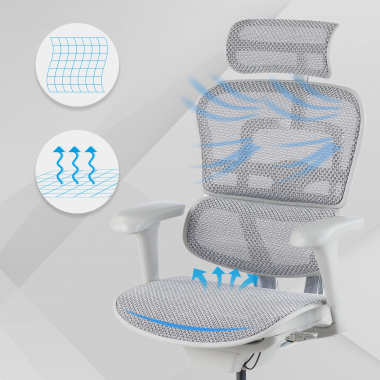 sedia ergonomica bianco grigio struttura bianca rotonda rete transpirante braccioli mobili poggiatesta 4