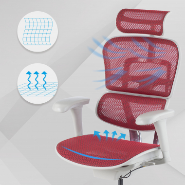 sedia ergonomica bianco rosso struttura bianca rotonda rete transpirante braccioli mobili poggiatesta 4