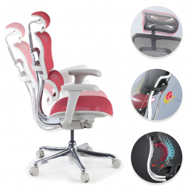 sedia ergonomica bianco rosso struttura bianca rotonda rete transpirante braccioli mobili poggiatesta 3