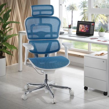 sedia ergonomica bianco blu struttura bianca rotonda rete transpirante braccioli mobili poggiatesta 2