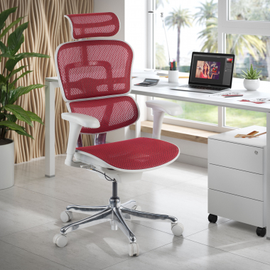 sedia ergonomica bianco rosso struttura bianca rotonda rete transpirante braccioli mobili poggiatesta 2