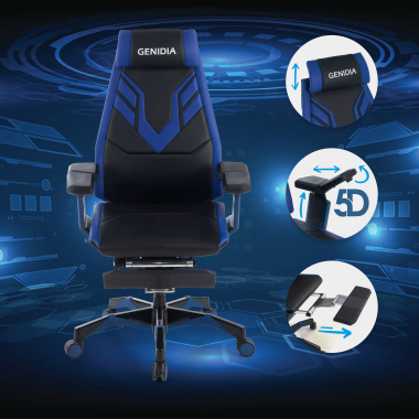 sedia gaming blu genidia vera pelle braccioli regolabili 5d supporto lombare poggiapiedi estensibile 3