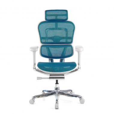sedia ergonomica bianco blu struttura bianca rotonda rete transpirante braccioli regolabili 5d poggiatesta 3