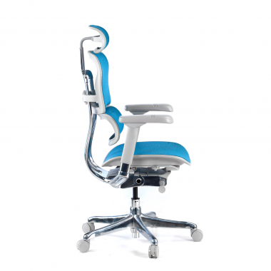 sedia ergonomica bianco blu struttura bianca rotonda rete transpirante braccioli regolabili 5d poggiatesta 4