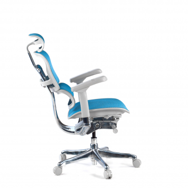 sedia ergonomica bianco blu struttura bianca rotonda rete transpirante braccioli regolabili 5d poggiatesta 5