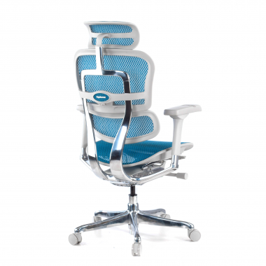 sedia ergonomica bianco blu struttura bianca rotonda rete transpirante braccioli regolabili 5d poggiatesta 6