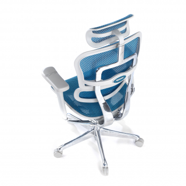 sedia ergonomica bianco blu struttura bianca rotonda rete transpirante braccioli regolabili 5d poggiatesta 7