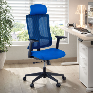 sedia ergonomica blu struttura nera rete transpirante braccioli regolabili 3d supporto lombare poggiatesta 2