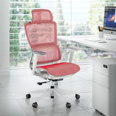 sedia ergonomica bianco rosso struttura bianca rete transpirante braccioli regolabili 3d doppio supporto lombare poggiatesta 2